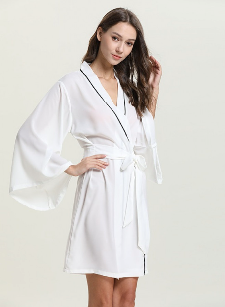 White Chiffon Kimono Robe with Piping