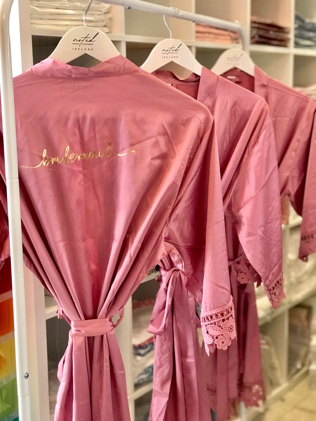 Rich Pink Lace Trim Robes with Gold BRIDESMAID text
